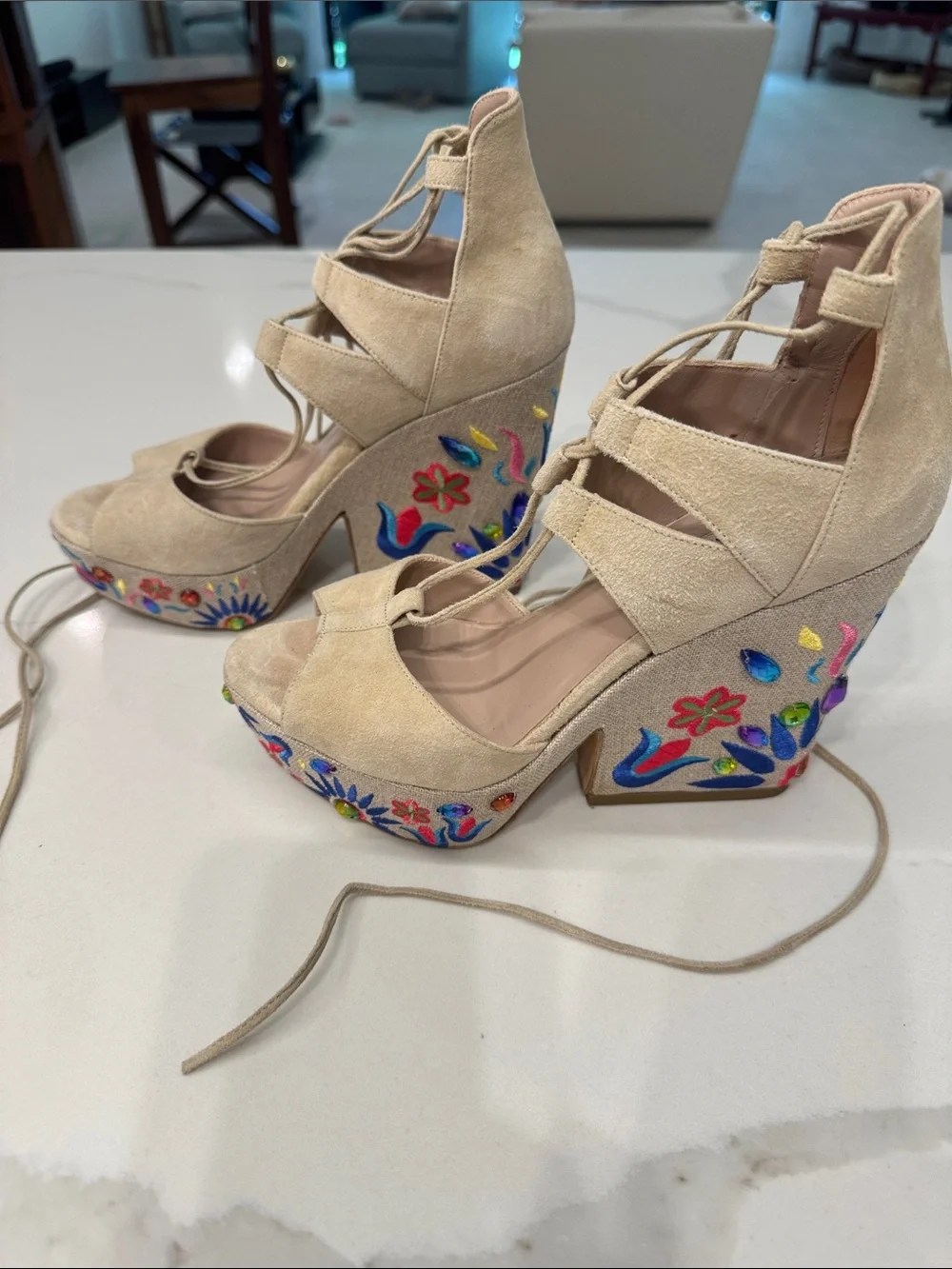 Gianni Marra Neutral Suede Lace-Up Embroidered Platform Sandals